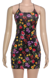 Black Multi-Color Floral Spaghetti Strap Mini Dress Vacation Bodycon Gown