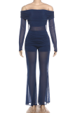Navy Sheer Off-Shoulder Jumpsuit Sexy Chain-Accent Wide-Leg Outfit