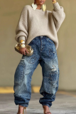 Distressed Baggy Jeans Patch Detail Loose Fit Casual Denim Pants
