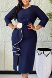 Floral-Accent Contrast Ruffle Dress Elegant Waist-Fit Midi Work Gown