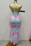 Halter Neck Tie-Dye Ruched Asymmetrical Dress Edgy Bodycon Mermaid Midi Gown