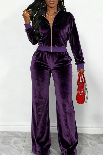 Velvet Two Piece Set Zip Jacket Wide Leg Pants Casual Track Suit
