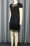 Bodycon Mini Dress Textured Fabric Sheer Yoke Double Fringe Hem