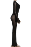 Sexy Solid Color Ruched Deep V Neck Long Sleeve Two Pieces