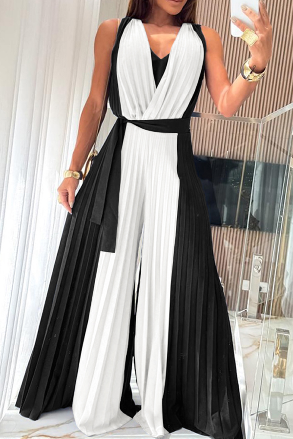 Casual Solid Color Ruched Contrast V Neck Loose Jumpsuits