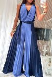 Casual Solid Color Ruched Contrast V Neck Loose Jumpsuits