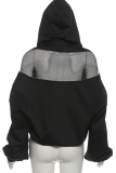 Cropped Hoodie Sheer Mesh Back Panel Oversized Long Sleeve Casual Top