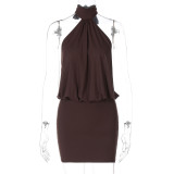 Sexy Daily Hot Club Nightclub Solid Color Halter Wrapped Skirt Dresses