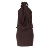 Sexy Daily Hot Club Nightclub Solid Color Halter Wrapped Skirt Dresses
