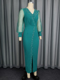 Sexy Party Formal Prom Office lady Solid Color Mesh V Neck Wrapped Skirt Dresses