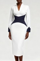 Business Wear Formal Office lady Patchwork Zipper Contrast V Neck Dresses