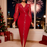 Sexy Party Formal Prom Office lady Solid Color Mesh V Neck Wrapped Skirt Dresses