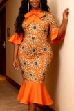 Floral Print Bow Decor Fishtail Dresses
