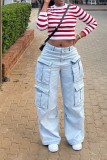 Solid Color Pocket Low Waist Straight Denim Jeans