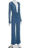 Solid Color V Neck Long Sleeve Two Pieces