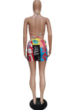 Fashion Sexy Print Backless Strap Design Halter Sleeveless Two Pieces