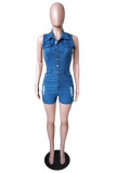 Fashion Casual Solid Ripped Turndown Collar Skinny Romper