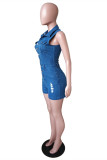 Fashion Casual Solid Ripped Turndown Collar Skinny Romper
