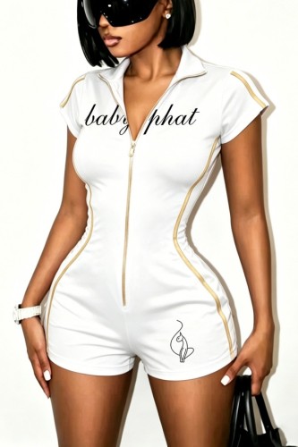 Casual Letter Print Zipper Turndown Collar Skinny Rompers