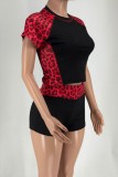 Leopard Print Leopard O Neck Short Sleeve Two Pieces