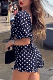Sexy Casual Polka Dot Knotted Flounce Short Sleeve Two Pieces