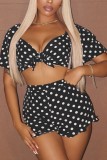 Sexy Casual Polka Dot Knotted Flounce Short Sleeve Two Pieces