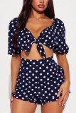 Sexy Casual Polka Dot Knotted Flounce Short Sleeve Two Pieces