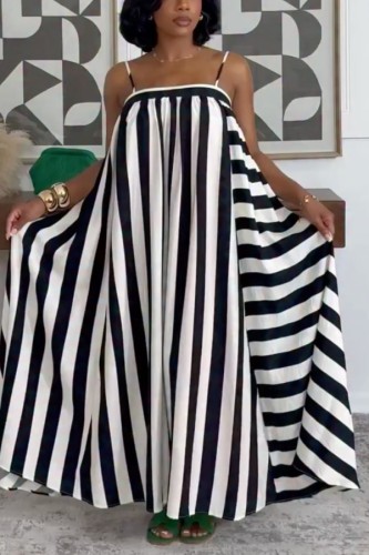 Casual Stripe Ruched Spaghetti Strap Sling Dresses