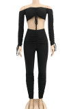 Sexy Solid Patchwork Draw String Fold Strapless Long Sleeve Short Two Pieces【Special offer, no returns or exchanges.】