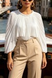 Irregular Pleated Irregular Hem O Neck Tops