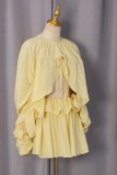 Sexy Celebrities Solid Color Draw String Lace Up Ruffle O Neck Two Pieces