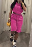 Sexy Casual Y2k Solid Color Capris Hooded Short Sleeve Two Pieces