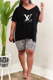 Fashion Casual Print Letter V Neck Plus Size Two Pieces