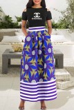 Fashion Street Print Patchwork O Neck Short Sleeve Two Pieces