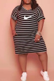 Fashion Casual Striped Patchwork V Neck One Step Skirt Plus Size Dresses