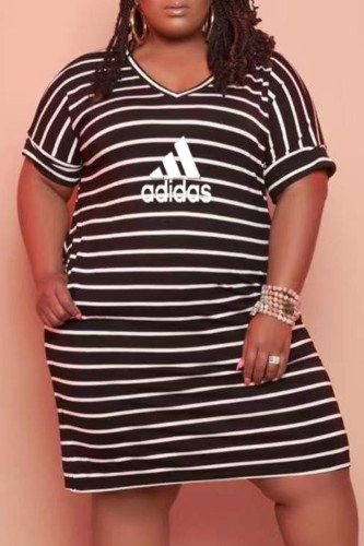 Fashion Casual Striped Print Letter O Neck One Step Skirt Plus Size Dresses