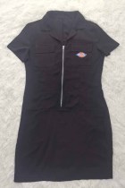 Fashion Print Zipper Turndown Collar One Step Skirt Dresses
