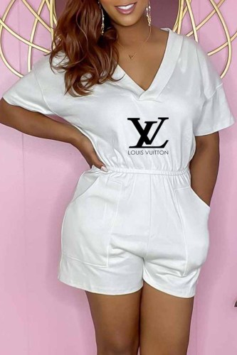 Fashion Casual Print Letter V Neck Rompers