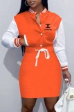 Fashion Casual Print Patchwork Letter Mandarin Collar One Step Skirt Dresses