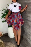 Fashion Casual Plaid Patchwork Letter O Neck Short Sleeve Two Pieces