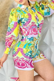 Fashion Vintage Print Patchwork Turndown Collar Long Sleeve Two Pieces