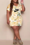 Fashion Casual Tie Dye Letter V Neck One Step Skirt Plus Size Dresses