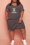 Fashion Casual Striped Letter V Neck Straight Plus Size Dresses