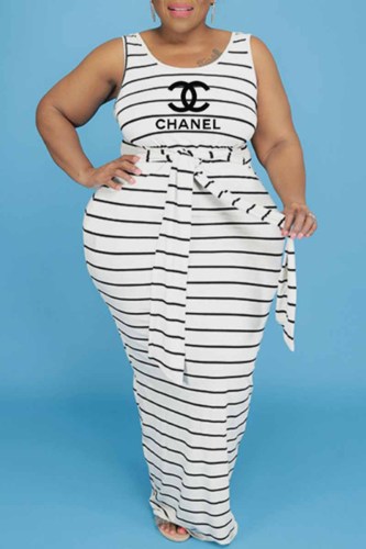 Fashion Casual Striped Letter O Neck One Step Skirt Plus Size Dresses