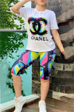 Fashion Casual Character Print Patchwork Letter O Neck Short Sleeve Two Pieces