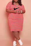 Fashion Casual Striped Patchwork V Neck One Step Skirt Plus Size Dresses