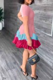 Fashion Sweet Print Patchwork Letter O Neck Pleated Dresses