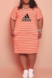 Fashion Casual Striped Print Letter O Neck One Step Skirt Plus Size Dresses