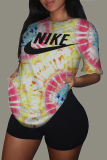 Casual Patchwork Tie-dye Letter O Neck Tops