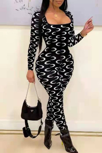Fashion Casual Print Patchwork Square Collar Jumpsuits